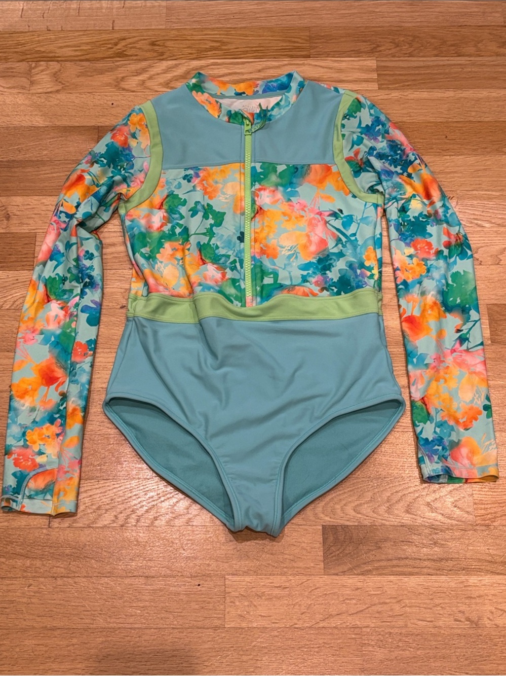Athleta Girls ' Long Sleeve Floral Size XXL 16 One-Piece Swimsuit in Aqua Multi